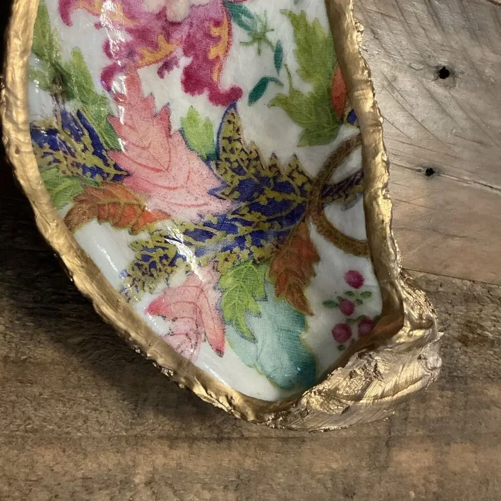 Handmade  Baby Abalone Shell Ring Dish Decoupaged Floral Trinket Gold Rim/bottom